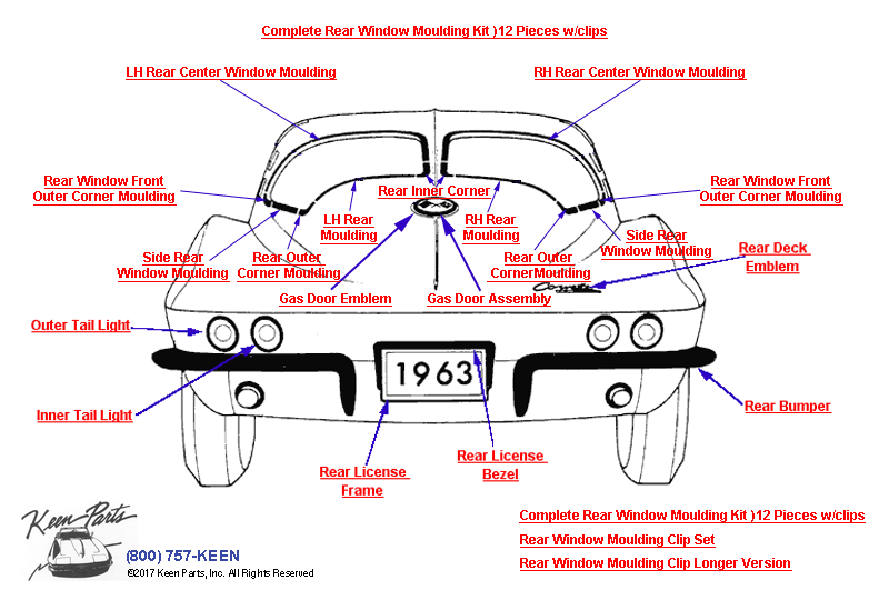Rear Mouldings &amp; Emblems Diagram for a 1963 Corvette