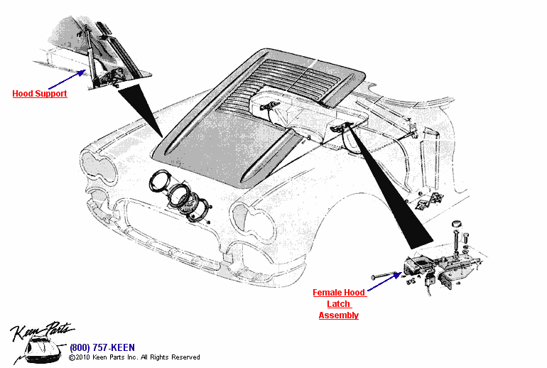 Hood Support &amp; Latches Diagram for a 1963 Corvette