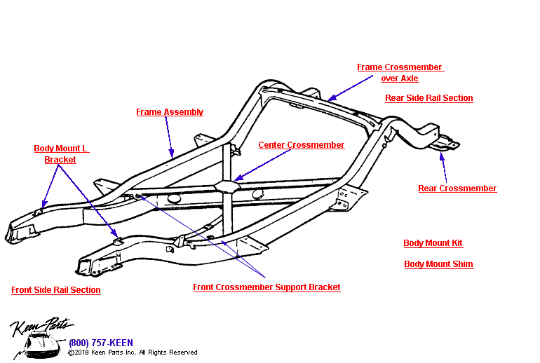 Crossmembers &amp; Frame Assembly Diagram for a 1954 Corvette