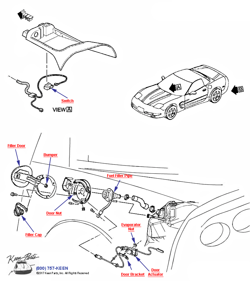 Gas Door and Fuel Filler Hoses Diagram for a 2000 Corvette