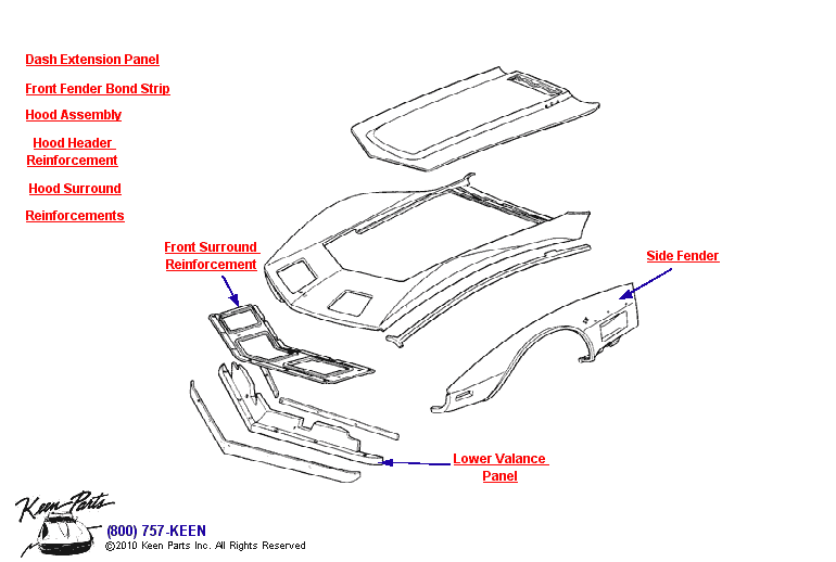 Front Body Diagram for a 1977 Corvette