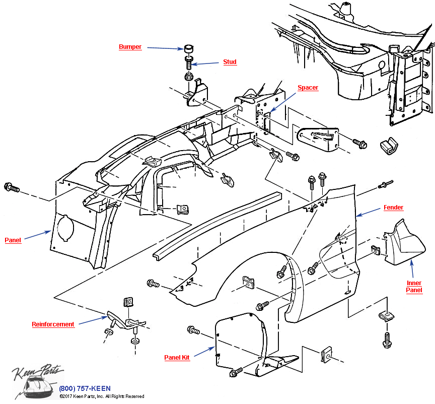 Front Fender and Wheelhouse Diagram for a 2003 Corvette