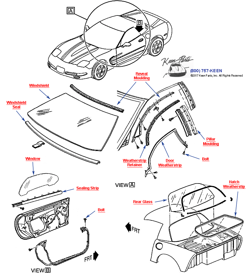 Body Weatherstrip and Glass - Hardtop Diagram for a 1973 Corvette