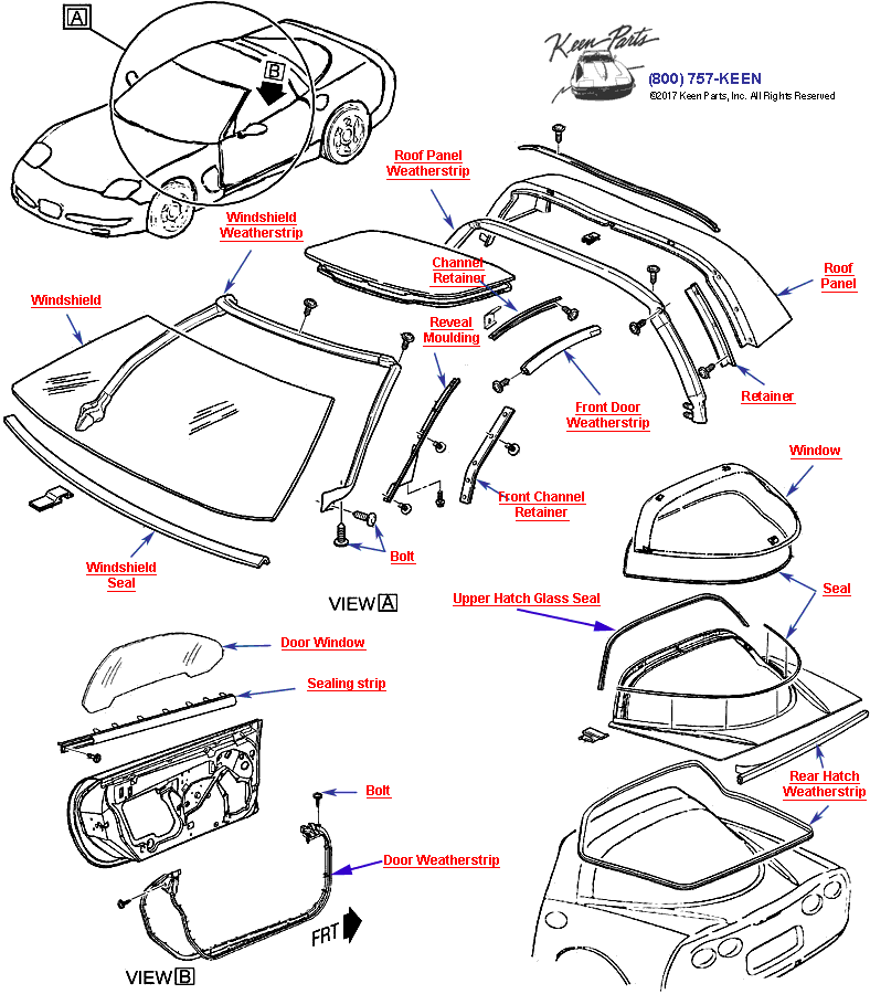Weatherstrips and Glass- Coupe Diagram for a 2000 Corvette