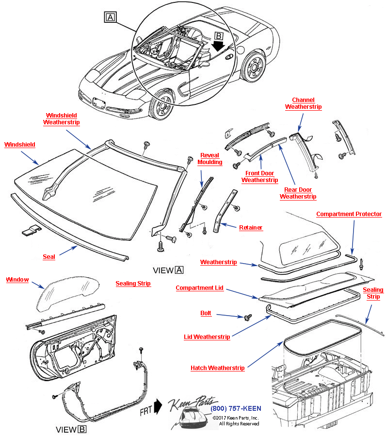 Weatherstrips and Glass- Convertible Diagram for a 1998 Corvette