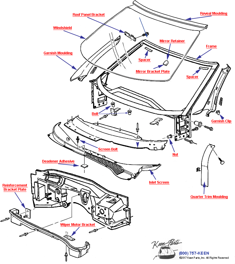 Windshield Trim and Hardware Diagram for a C4 Corvette