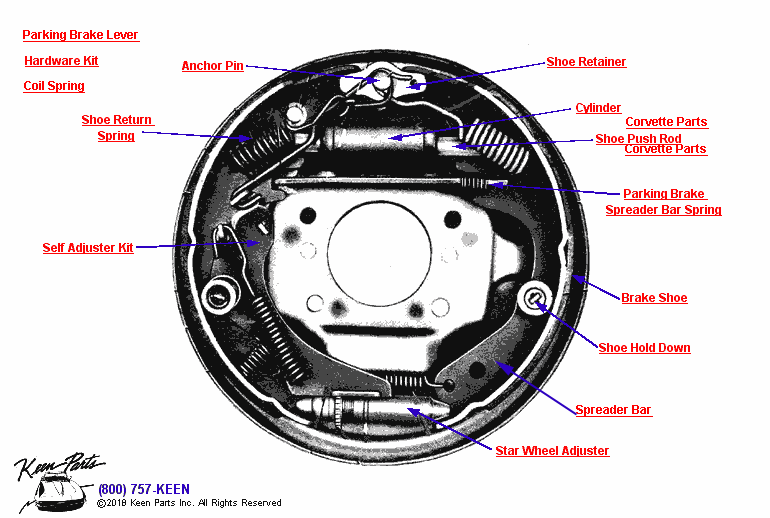 Brake Shoe, Springs &amp; Cylinder Diagram for a C2 Corvette