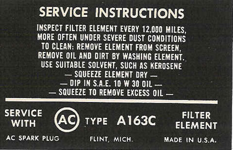 1963-1964 Corvette Air Cleaner Fuel Injection Instruction Decal
