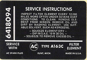 1965 Corvette Air Cleaner Fuel Injection Instruction Decal Code 6418094
