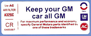 Corvette Keep Your Car All GM Decal (Code 6485887) CR (350 & 454)
