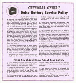 1955-1960 Corvette New Car Battery Warranty Certificate
