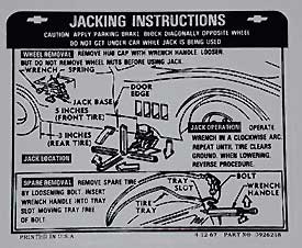 Corvette Jacking Instructions Regular Tire Decal  (Code 3926218)