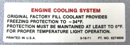 1972 Corvette Cool System Warning Decal (Code 6274606)