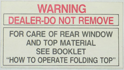 1953-1962 Corvette Rear Window Warning Tag