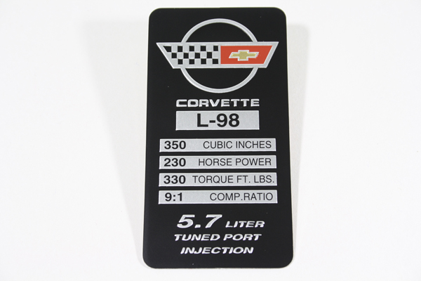 1985 Corvette Console Specification Plate L98 230 HP (330 TQ)