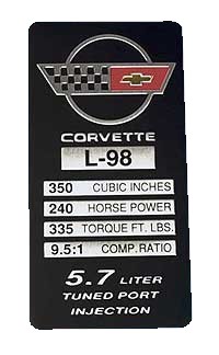 1988-1989 Corvette Console Specification Plate L98 240 HP(330 TQ)
