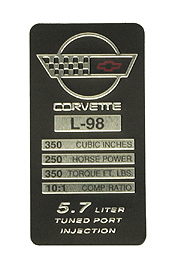 1991 Corvette Console Specification Plate L98 250 HP (350 TQ)