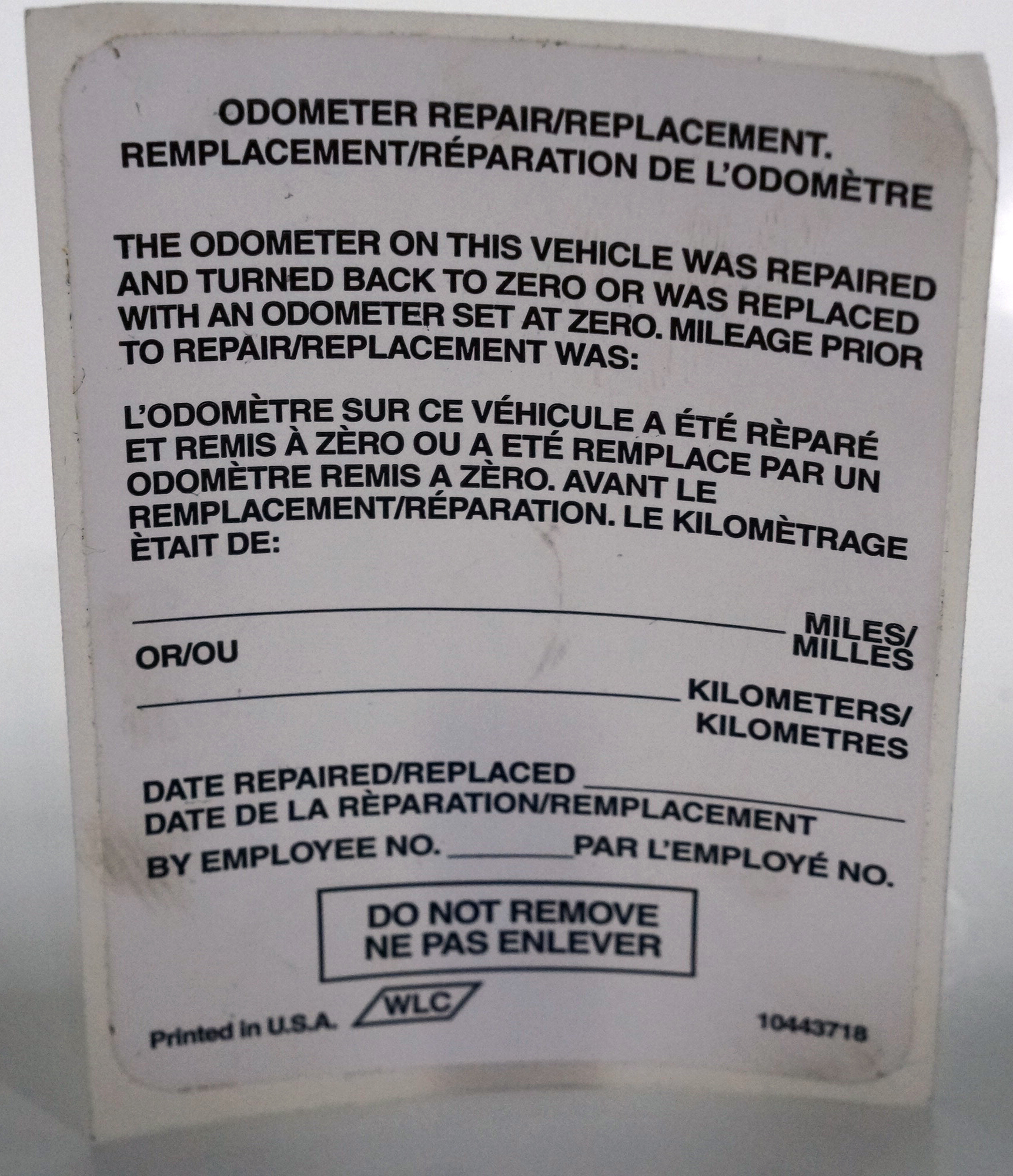 1989-2015 Corvette Odometer Service Information Label