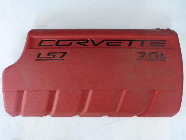 2006-2013 Corvette C6 LS7 FACTORY FUEL RAIL COVER RIGHT SIDE IS RED WITH BLACK CORVETTE SCRIPT.