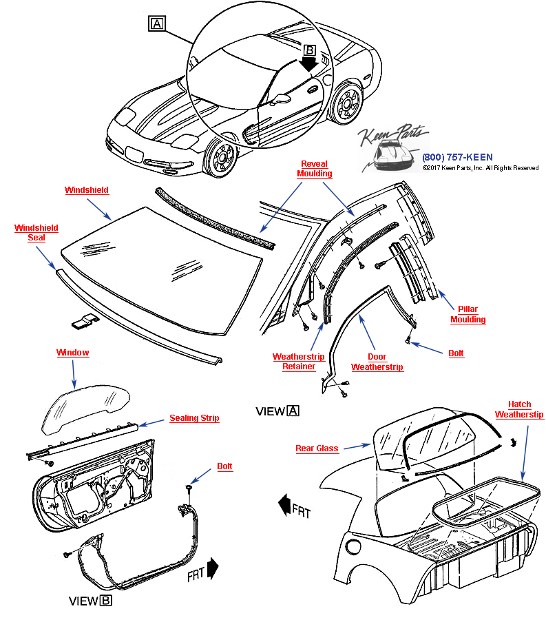 Body Weatherstrip and Glass - Hardtop Diagram for a 1972 Corvette