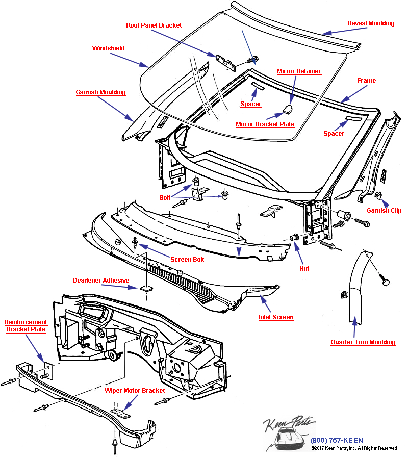 Windshield Trim and Hardware Diagram for a 1988 Corvette