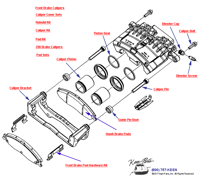 Brake Caliper- Front Diagram for All Corvette Years