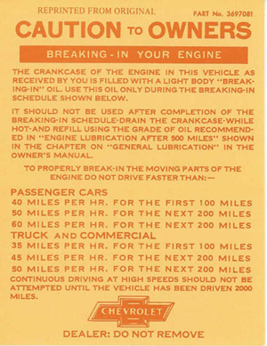 1956-1960 Corvette Engine Break-In Card
