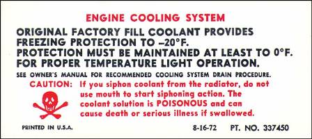1973 Corvette Cooling System Decal on Shroud (Code 337450)