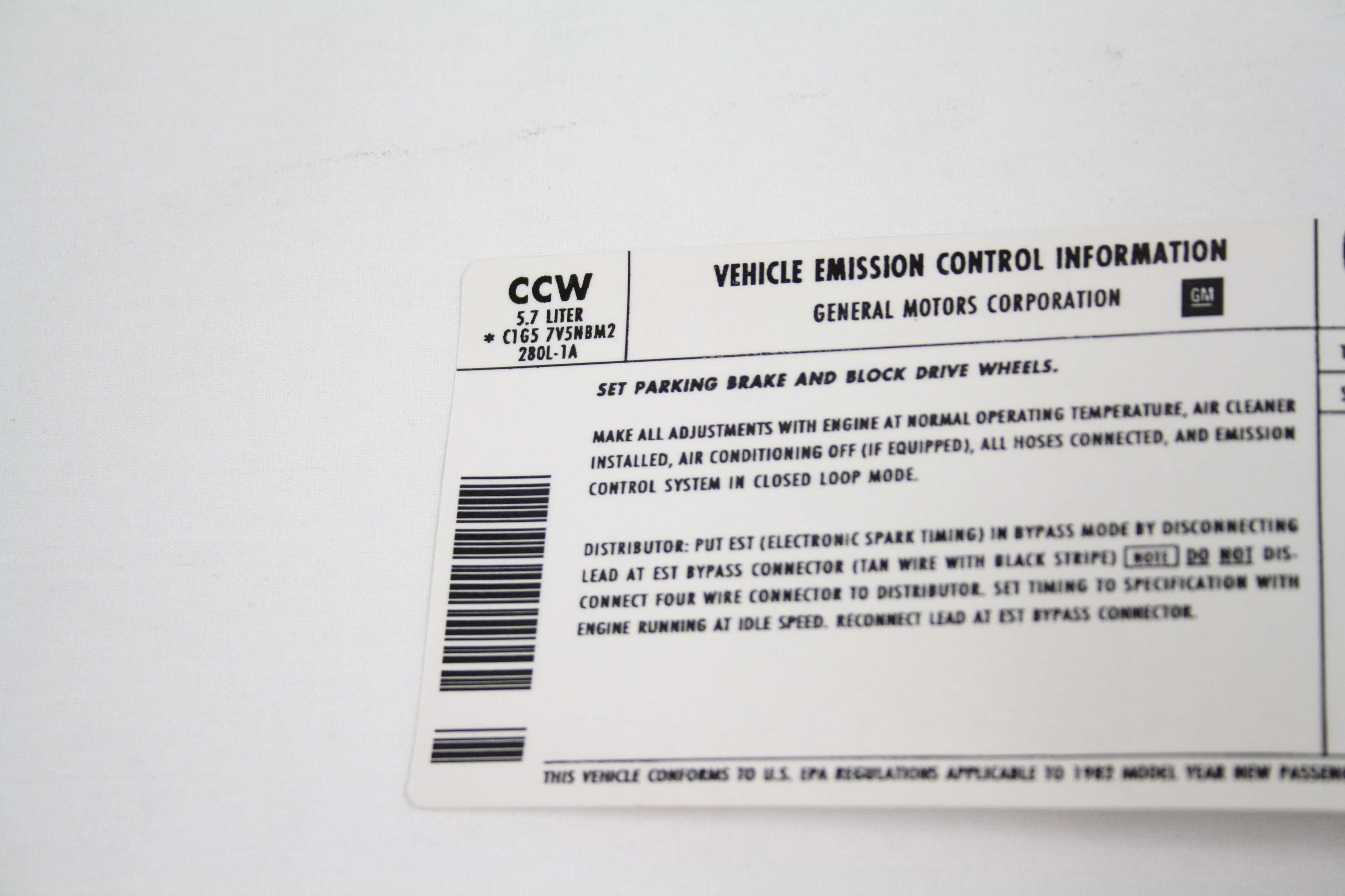 1982 Corvette Emission Decal Automatic Transmission Federal CCW