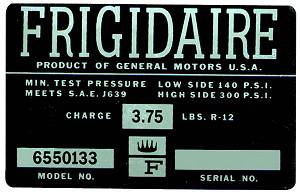 1964-1965 Corvette Frigidaire Foil Plate Decal (Code 6550133)