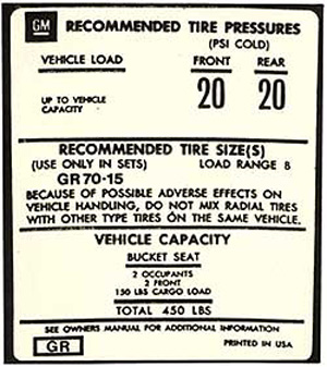 1973-1975 Corvette Tire Pressure Decal On Door GR (Green)