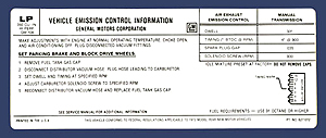 1972 Corvette Emission Decal LT1 255 HP Manual Transmission (Code LP 6271012)