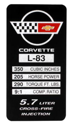 1984 Corvette Console Specification Plate L83 205 HP (290 TQ)