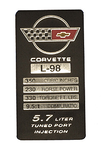 1986 Corvette Console Specification Plate Cast Head (350-230 HP- 330tq)