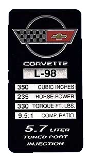 1986 Corvette Console Specification Plate Aluminum Head (350 CI235 HP330TQ)