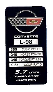 1987 Corvette Console Specification Plate L98 240 HP (345 TQ)