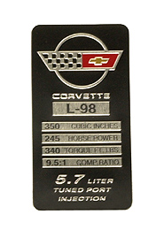 1988 Corvette Console Specification Plate L98 245 HP (340 TQ)