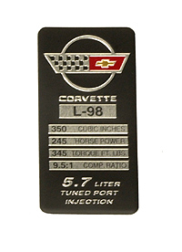 1990 Corvette Console Specification Plate L98 245 HP(345 TQ)