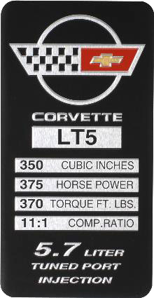 1990 Corvette Console Specification Plate LT5 375 HP (370 TQ)