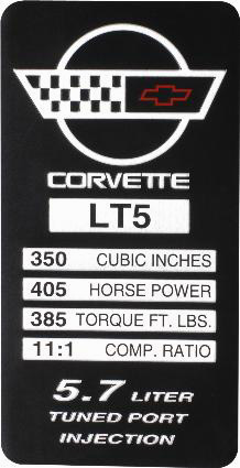 1993-1995 Corvette Console Specification Plate LT5 405 HP (385 TQ)