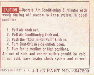 1963 Corvette Glove Box AC Caution Decal