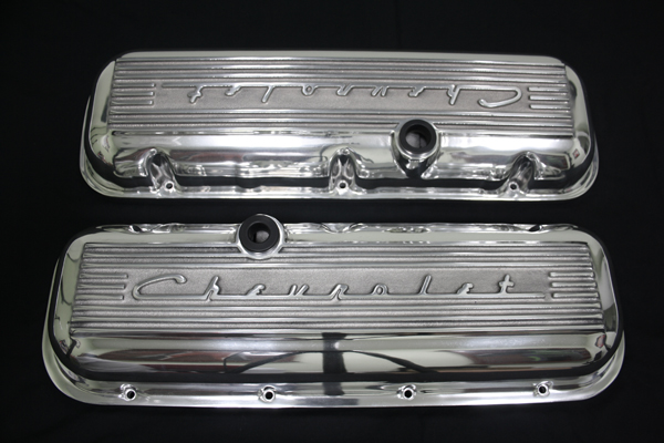 1965-1974 Corvette Valve Covers Big Block Tall Finned with Chevrolet Script Polished - Pair