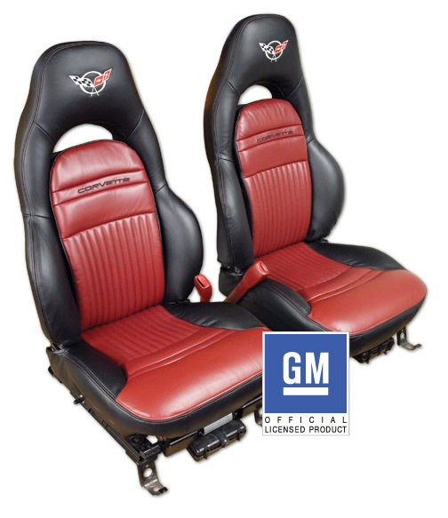 1997-2004 Corvette Two-Tone Sport Embroidered Custom 100% Leather Seat Covers Set (Black and Firethorn)