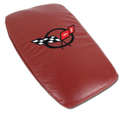 1997-2004 Corvette Glove Box Lid Protector Firethorn Red Leather with Black Embroidered Logo