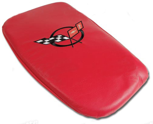 2000-2004 Corvette Glove Box Lid Protector Red Leather with Black Embroidered Logo