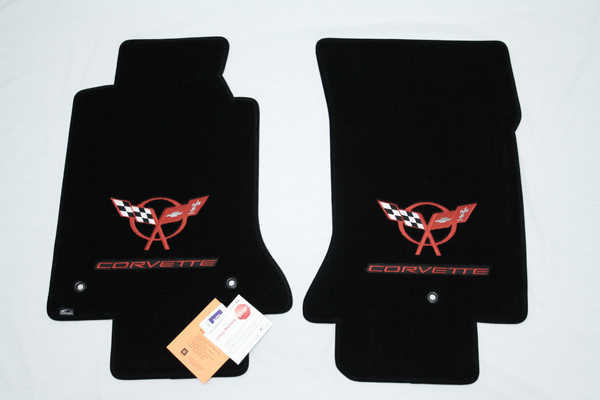 1997-2004 Corvette Lloyd Black Floor Mats Pair with C5 Embroidered Logo Red with Black Background and Corvette Script