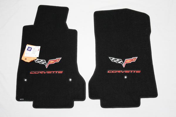 2005-2013 Corvette Lloyd Ulti-vet C6 Ebony Floor Mats Pair with C6 Embroidered GM Logo and Red Corvette Script