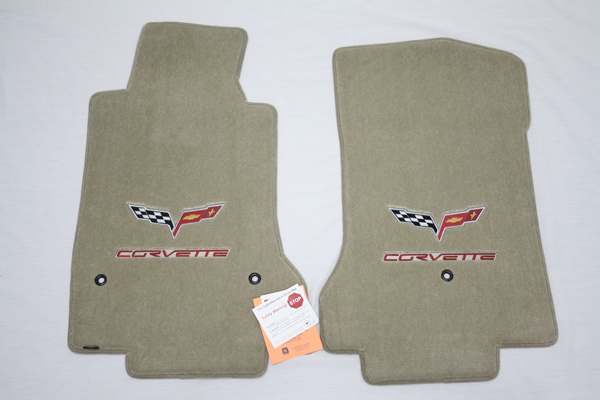 2005-2013 Corvette Lloyd Ulti-vet C6 Cashmere Floor Mats Pair with C6 Embroidered GM Logo and Red Corvette Script