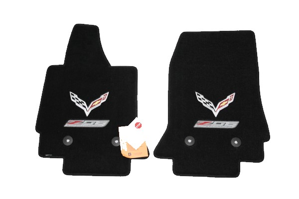 2014-2017 Corvette Lloyd Ulti-vet C6 Jet Floor Mats Pair with C7 Embroidered GM Logo Flag (Small) and Z06 Supercharged