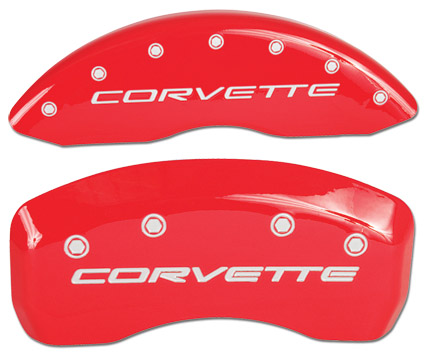 1997-2013 Corvette Brake Caliper Cover Set Red with Corvette Script. Fits Base C5 and C5 Z06, Base C6 Coupe and Z51. D